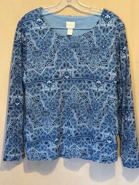 Chico's Navy and Light Blue Geometric Print Long-Sleeve Top